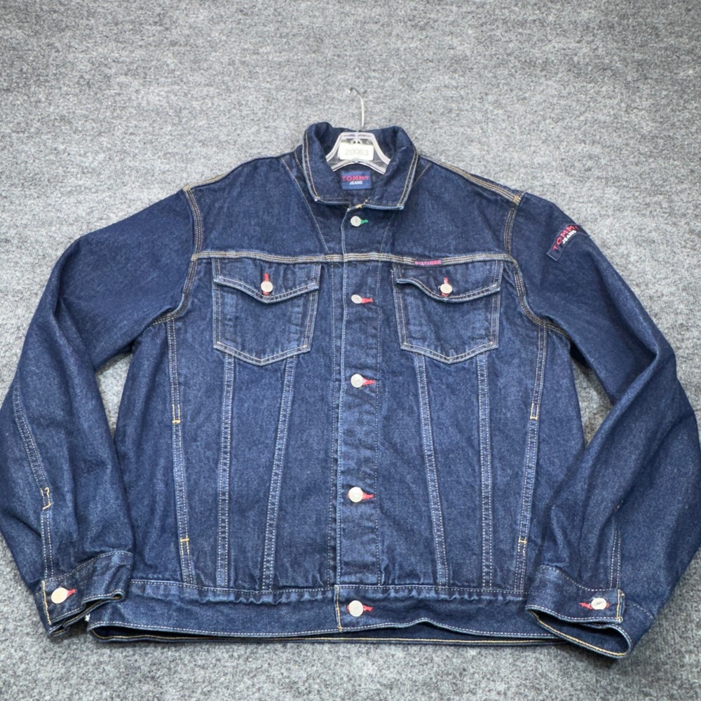 Vintage Tommy Hilfiger Trucker Jacket Mens XL Blue Rinse Wash Dark Jeans 90s Y2K
